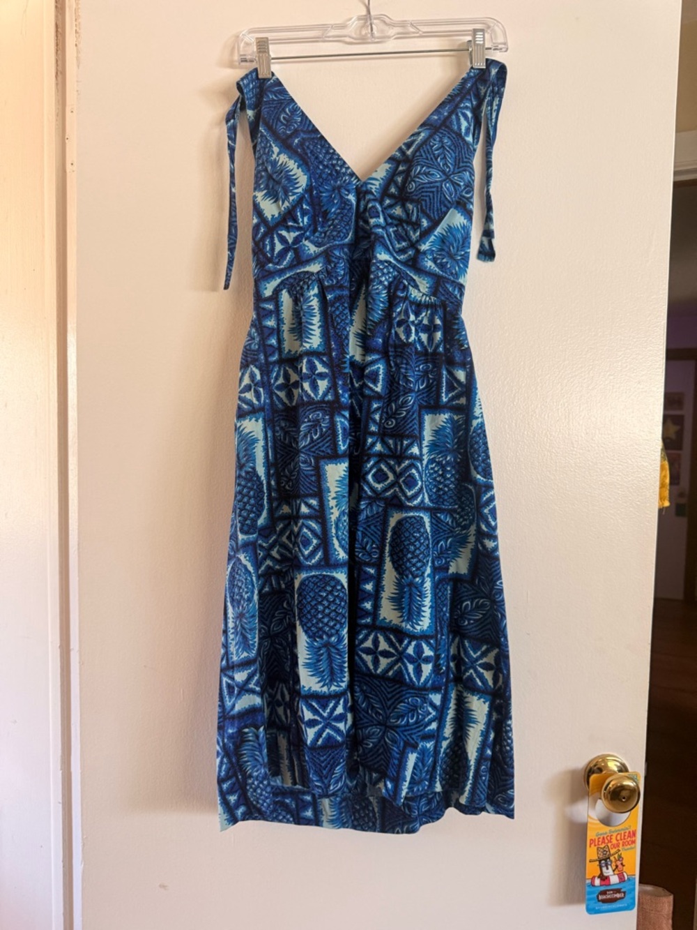 Vintage Blue Aloha Patchwork Print Tie-Shoulder Midi Dress